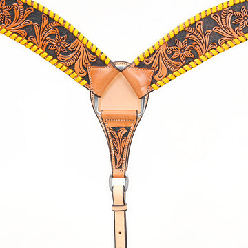 BAR H EQUINE Genuine Horse Hand Tooled Buck stitched Leather Curved Breast Collar Tan